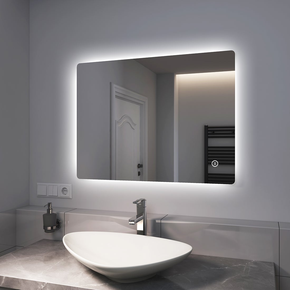 EMKE Badspiegel LED 80x60cm, Kaltweißer Beleuchtung, Touch-schalter, Dimmbar