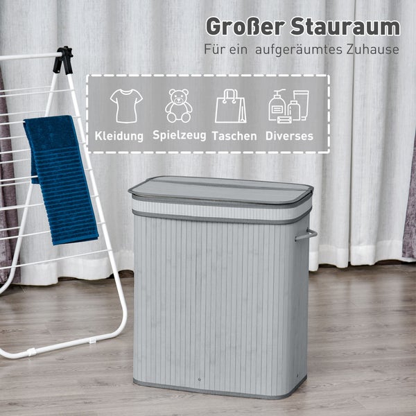 HOMCOM Bambus Wäschekorb schmal mit Deckel 100 L Wäschesammler mit Griffen, herausnehmbarer Wäschesack, Laundry Baskets für Waschküche Schlafzimmer Badezimmer Grau