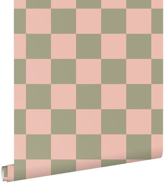 Vliestapete mit großem Karomuster in Rosa und Olivgrün.