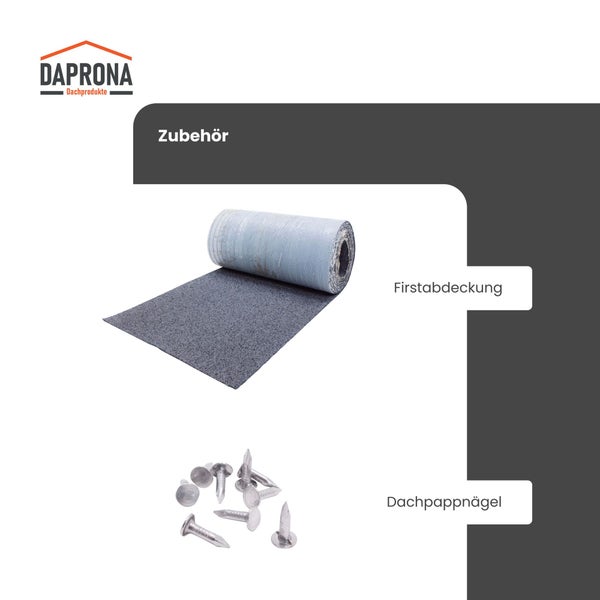 Daprona Logo, Zubehör bestehend aus Firstabdeckung und Dachpappnägeln.