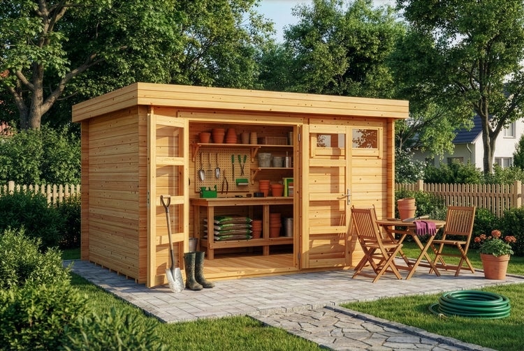 Modernes Gartenhaus aus Holz mit Flachdach, Doppeltür, eingerichteter Innenraum mit Werkbank und Sitzgruppe davor im grünen Garten.