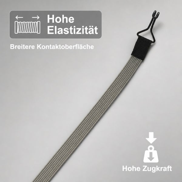 Flaches elastisches Spannband mit Haken und Symbolen für hohe Elastizität sowie hohe Zugkraft.
