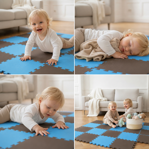 Kleinkind auf einer Puzzle-Spielmatte aus Schaumstoff im Wohnzimmer, rutschfester Bodenbelag für Kinder.