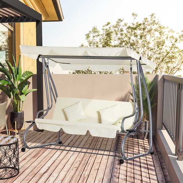 Outsunny 3-Sitzer Hollywoodschaukel, Gartenschaukel mit Sitz- und Rückenlehnen, 200 x 120 x 164 cm, Stahl, Polyestergewebe, Beige