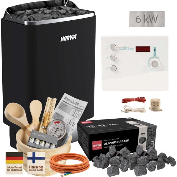 Harvia Saunaofen Set mit Steuerung, Saunasteinen, Zubehör und Aufgusskonzentraten für eine Finnische Sauna.