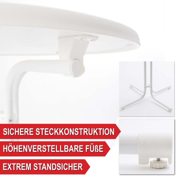 Detailansicht eines Tisches mit sicherer Steckkonstruktion und höhenverstellbaren Füßen für extreme Standsicherheit.