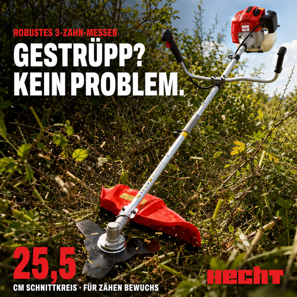 Hecht Benzin-Motorsense mit robustem 3-Zahn-Messer, 25,5 Zentimeter Schnittkreis, ideal für Gestrüpp und zähen Bewuchs. Hecht Logo.