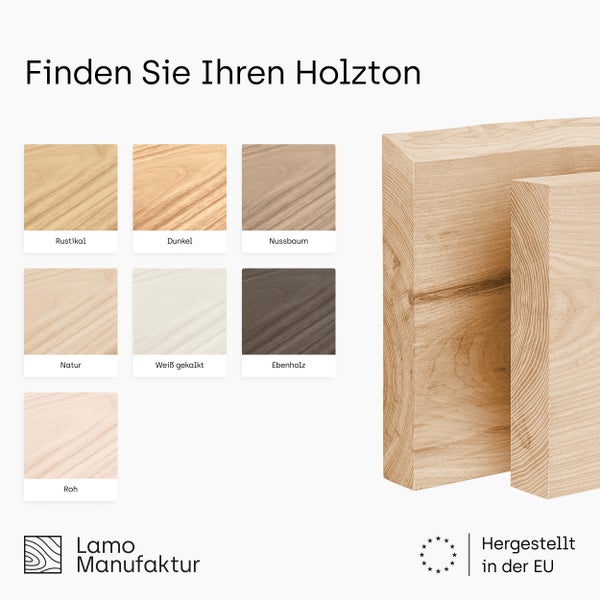 Holztöne von Lamo Manufaktur, Massivholz-Muster, Siegel für Herstellung in der Europäischen Union und Lamo Manufaktur Logo.