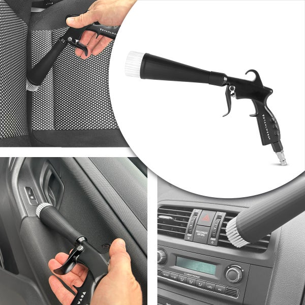 Druckluftpistole mit Bürstenaufsatz zur Reinigung von Autositzen und Armaturen