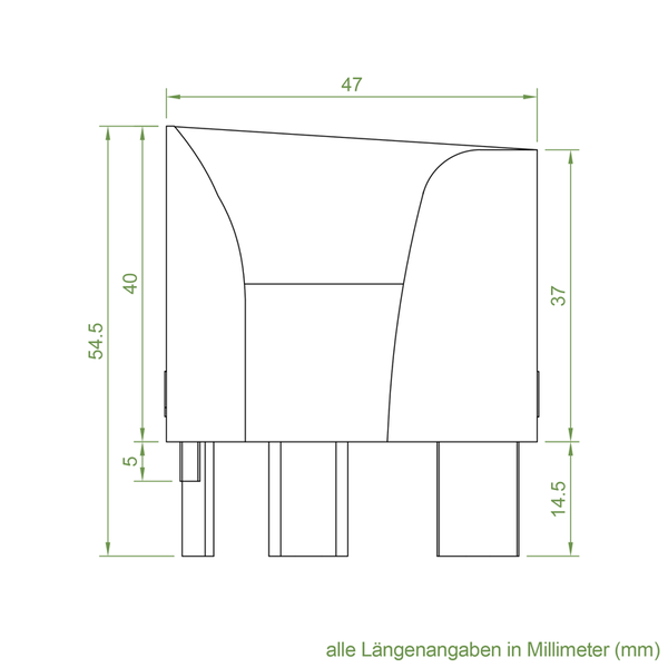 Technische Zeichnung eines Bauteils mit Maßangaben in Millimeter zur Veranschaulichung der Produktabmessungen.