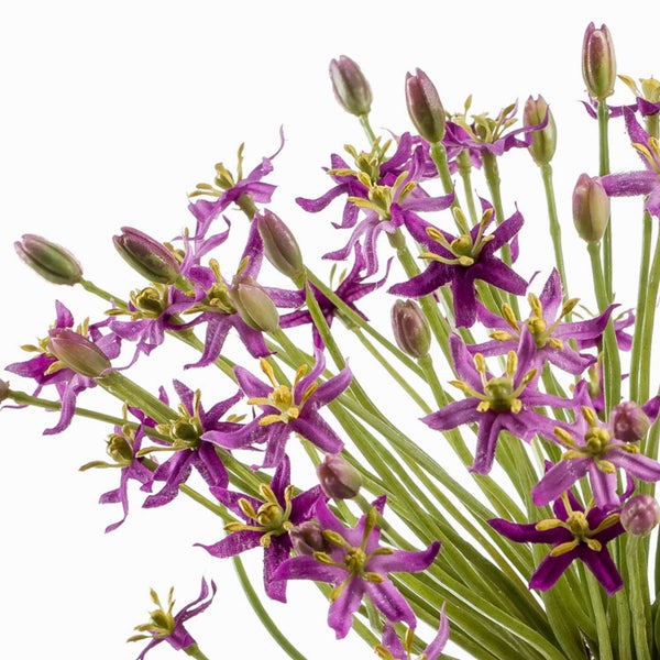 Künstlicher Allium an einem langen Stiel mit lila Blütenköpfen und gelben Details für die Dekoration.