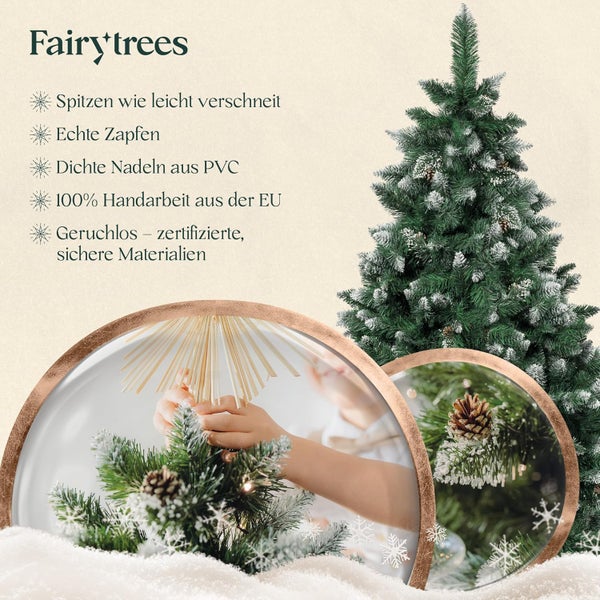 FairyTrees Kunstweihnachtsbaum mit echtem Zapfenbesatz und leicht verschneiten Spitzen aus PVC für eine winterliche Dekoration.