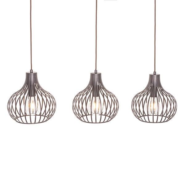 Drei Pendelleuchten mit Lampenschirmen aus Metallstreben