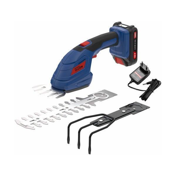 Güde Akku-Gras- und Strauchscheren-Set inklusive Heckenmesser, Rechenaufsatz, 18-Volt-Akku und Ladegerät.