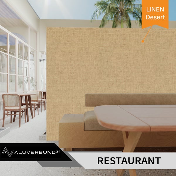 Wandverkleidung mit Leinenstruktur in einem Restaurant mit hellen Möbeln und Tischen in moderner Atmosphäre.