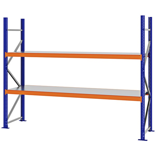 Weitspannregal aus Metall mit zwei Ebenen, stabilen blauen Rahmen und orangefarbenen Traversen.
