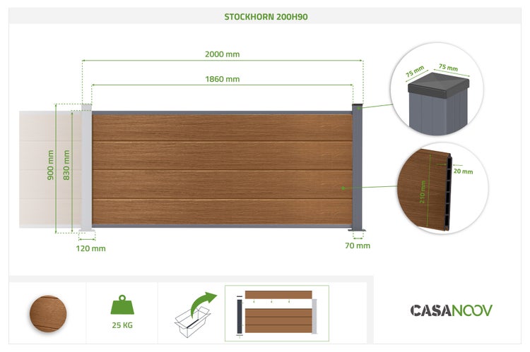 Technische Zeichnung des Sichtschutzzauns Stockhorn 200H90 mit Maßen in Millimetern, 25 Kilogramm Gewicht und Detailansichten. Casanoov Logo.