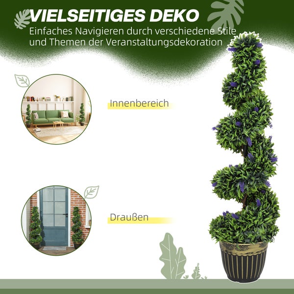 Künstlicher Buchsbaum in Spiralform mit violetten Blüten im dekorativen Topf, geeignet für den Innenbereich und Außenbereich.