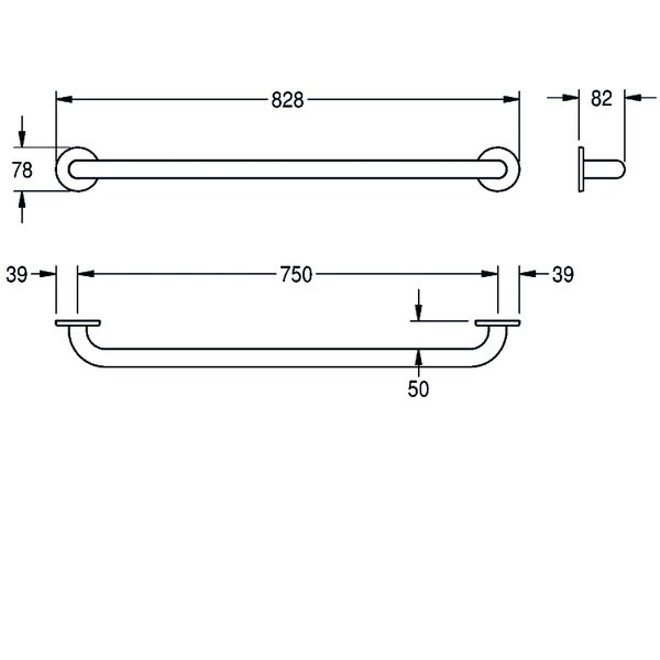 Maßzeichnung eines Haltegriffs mit Abmessungen in Millimetern: Gesamtlänge 828, Achsmaß 750, Tiefe 82, Durchmesser der Befestigungsplatte 78.