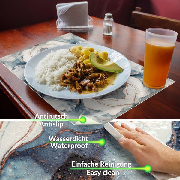 Platzset mit Marmormuster auf Holztisch, rutschfest, wasserdicht und leicht zu reinigen. Mit Teller mit Essen und Saftglas.
