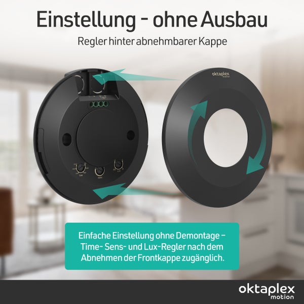Bewegungsmelder mit abnehmbarer Kappe zur einfachen Einstellung von Zeit, Sensor und Lux