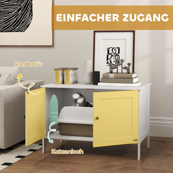 Katzenklo-Unterschrank in Weiß als Sideboard mit zwei Türen und seitlichem Katzenloch für einfachen Zugang.