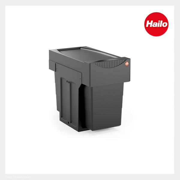 Schwarzer Hailo Einbaumülleimer aus Kunststoff für Küchenschränke mit Auszugssystem und Hailo Logo.