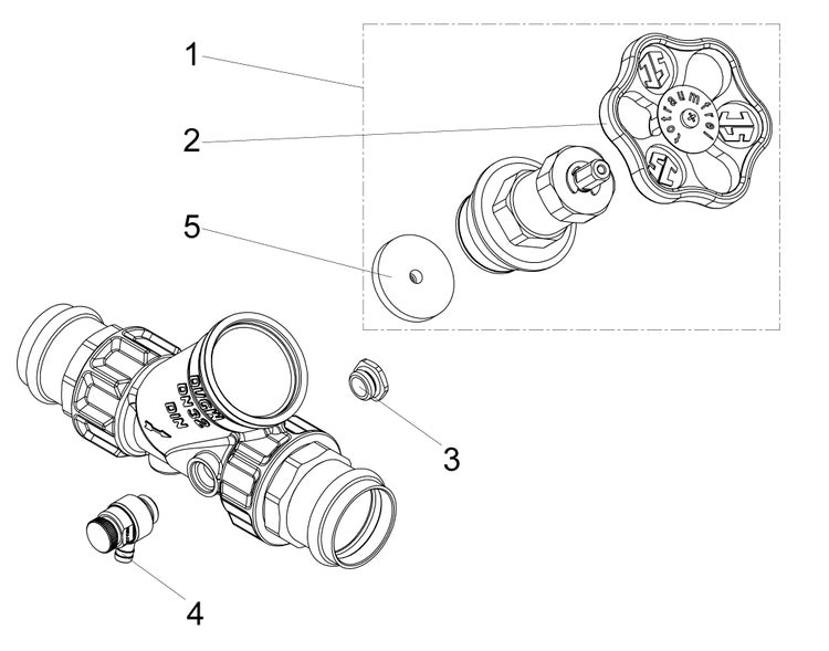 Technische Zeichnung eines Freistromventils mit nummerierten Ersatzteilen wie Handrad, Ventiloberteil und Entleerungsventil.