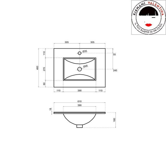 Technische Zeichnung eines Waschtischs mit Maßangaben