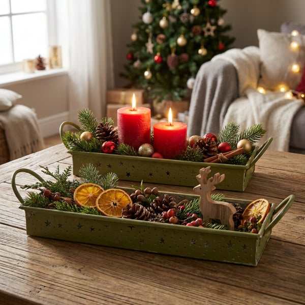 Zwei dekorative Metallschalen mit weihnachtlicher Tischdekoration aus Kerzen, Tannengrün, Zapfen und weihnachtlichen Elementen auf Holztisch.