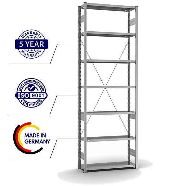 PROREGAL Fachbodenregal Stecksystem T-Profil Medium-Duty Grundregal HxBxT 300 x 100 x 30 cm 7 Ebenen Fachlast 220 kg Einseitig Nutzbar Verzinkt