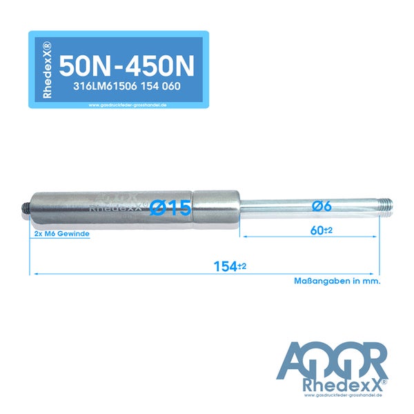 Rhedexx Gasdruckfeder aus Edelstahl, 50 bis 450 Newton Kraft, circa 154 Millimeter Länge, 60 Millimeter Hub und zweifach M6 Gewinde.