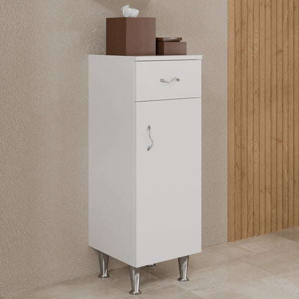 Weißer Badezimmerschrank mit einer Schublade und einer Tür