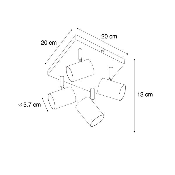 Technische Zeichnung einer Deckenleuchte mit vier Strahlern, Abmessungen 20 x 20 x 13 Zentimeter, Strahlerdurchmesser 5,7 Zentimeter