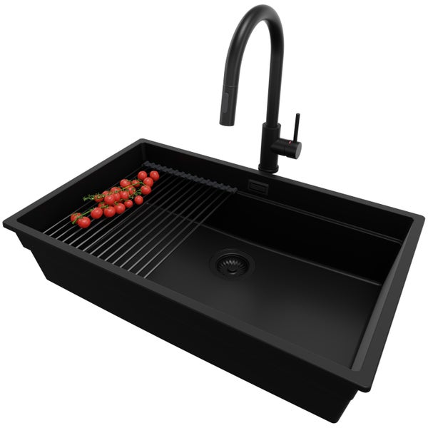 PRIMAGRAN Unterbauspüle Granit Alles Schwarz 76x47cm, Spülbecken 1 Becken + Küchenarmatur 40x20cm + Ablauf-Set + Aufrollbare Abtropffläche, Granitspüle ab 80er Unterschrank - Praga