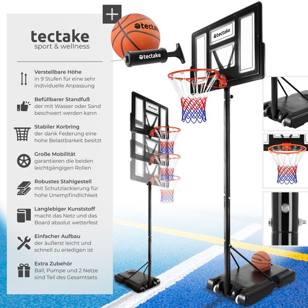 Höhenverstellbarer Basketballkorb von tectake mit füllbarem Standfuß, Stahlgestell, Transportrollen, inklusive Basketball und Luftpumpe.
