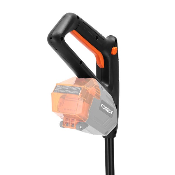 Fuxtec Rasentrimmer Detailansicht des Griffs und des Akkus