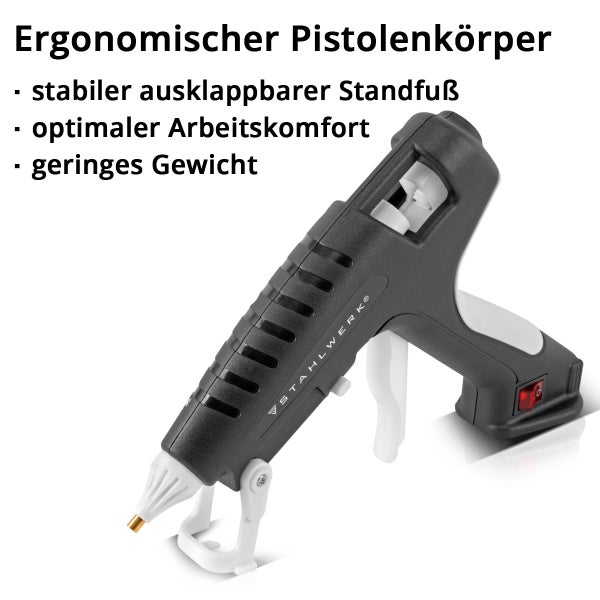 Heißklebepistole mit ergonomischem Pistolengehäuse und ausklappbarem Standfuß.
