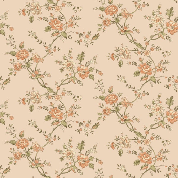 Tapete mit floralem Muster aus Blumensträußen, gewundenen Ranken und Blättern im romantischen Stil.