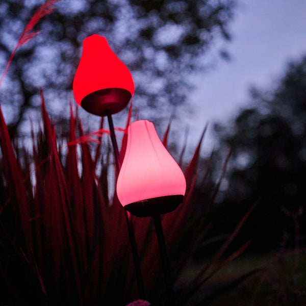 Zwei Gartenstecker mit Lampen in Form einer Blüte im Garten