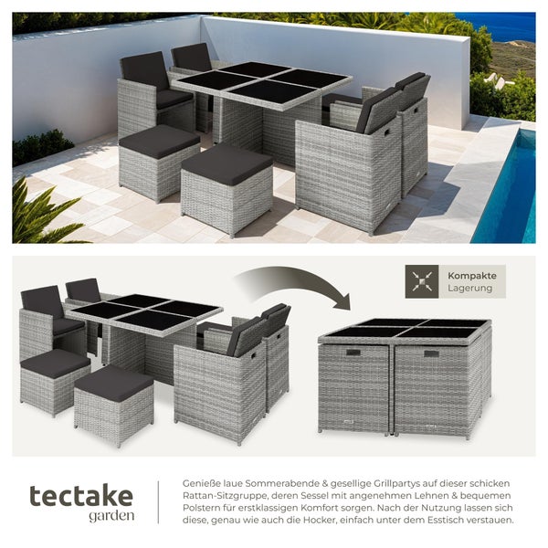 Rattan Sitzgruppe tectake Manhattan 2 Bezugssets, zusammenschiebbar, inklusive Schutzhülle mit Aluminiumgestell hellgrau