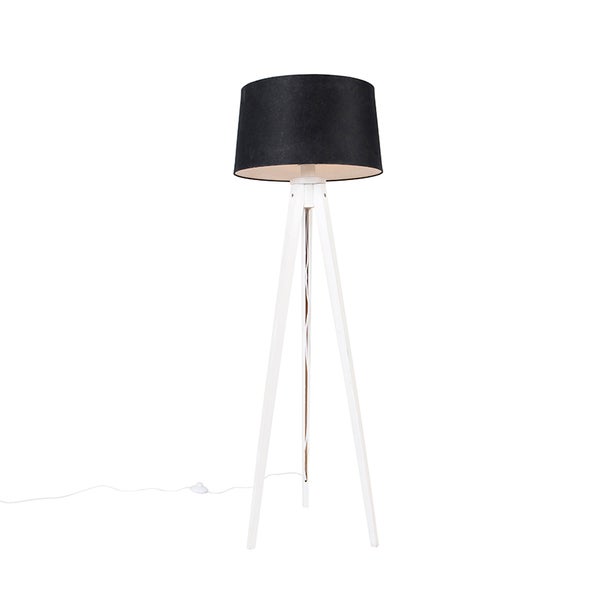 QAZQA - Klassisch I Antik Modernes Stativ weiß mit schwarzem Leinenschirm 45 cm - Tripod I Dreifuß Lampe I Dreifuss Classic I Wohnzimmer I Schlafzimmer - Holz Länglich I Rund - LED geeignet E27