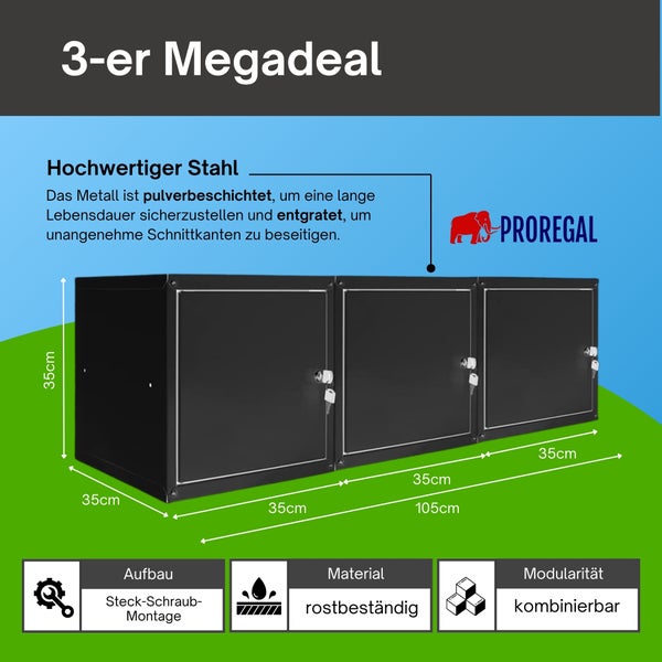 Dreier-Set Metall-Schließfächer aus pulverbeschichtetem Stahl, 35x35x35 Zentimeter, rostbeständig, kombinierbar, Steck-Schraub-Montage. Proregal Logo.