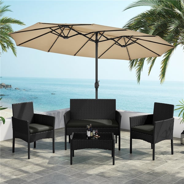 Gartenset mit Doppelschirm, Rattanmöbel und Tisch für Terrasse oder Garten