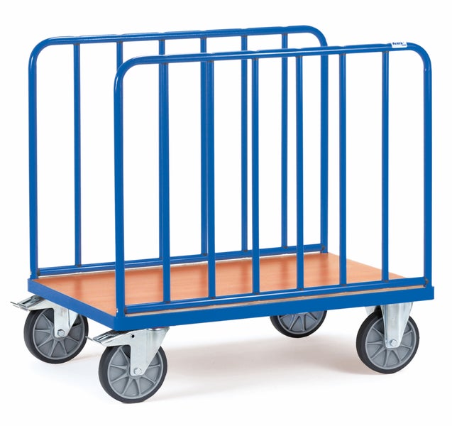 Transportwagen mit Holzboden und blauem Metallrahmen