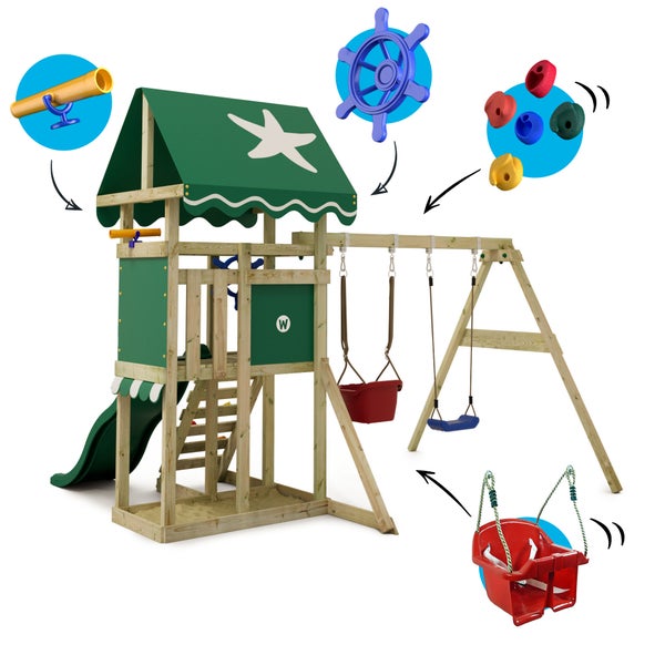 WICKEY Spielturm Klettergerüst DinkyStar mit Schaukel und Rutsche, Kletterturm mit Sandkasten, Leiter und Spiel-Zubehör – grün