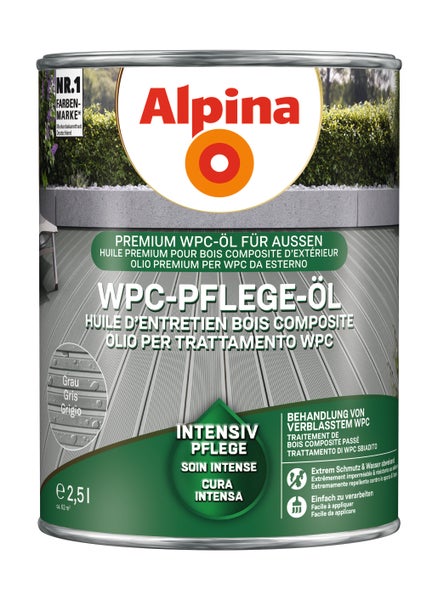 Alpina Premium WPC-Pflege-Öl für den Außenbereich in Grau, 2,5 Liter Dose.