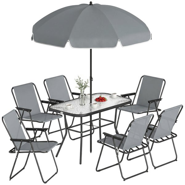 Modernes Gartenmöbel-Set bestehend aus einem rechteckigen Glastisch mit Metallgestell, sechs klappbaren Textilstühlen und einem Sonnenschirm.