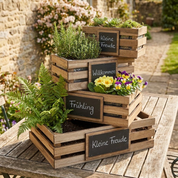 Holzkiste Vintage Pflanzkasten Set Tafelblumen Deko 4er-Set