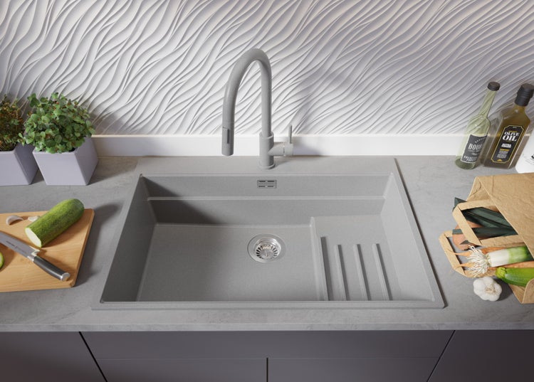 PRIMAGRAN Spülbecken Grau 78x53cm, Granitspüle 1 Becken + Ablauf-Set + Küchenzubehörset, Küchenspüle ab 80er Unterschrank - Oslo Max